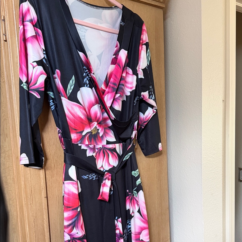 Floral Wrap Dress with Pink and Black Design